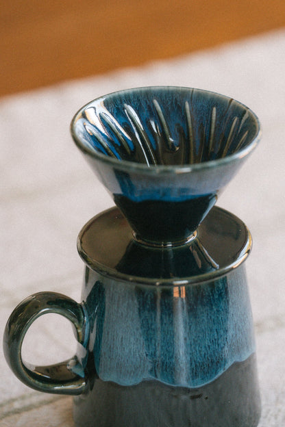 16oz Blue Glaze Ceramic Pour Over Set