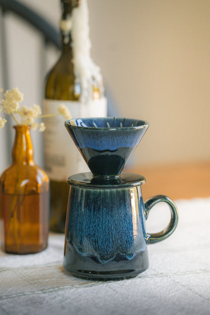 16oz Blue Glaze Ceramic Pour Over Set