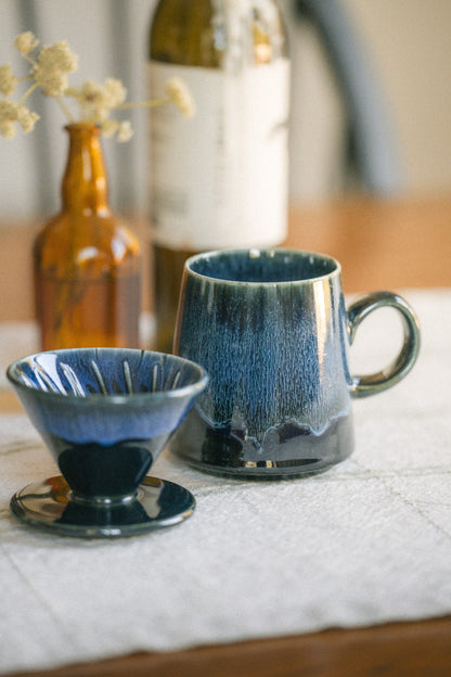 16oz Blue Glaze Ceramic Pour Over Set