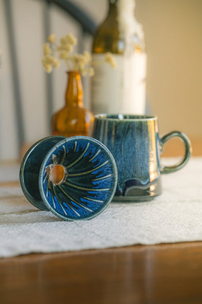 16oz Blue Glaze Ceramic Pour Over Set