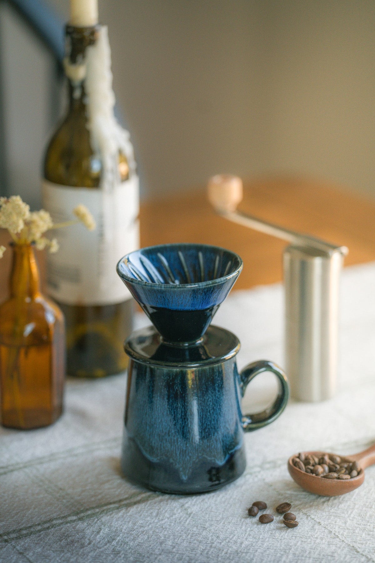 16oz Blue Glaze Ceramic Pour Over Set